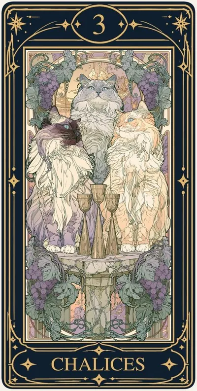 Three of Chalices (챌리스 3) 카드 그림