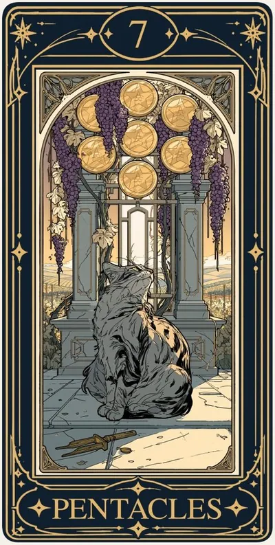 Seven of Pentacles (펜타클 7) 카드 그림