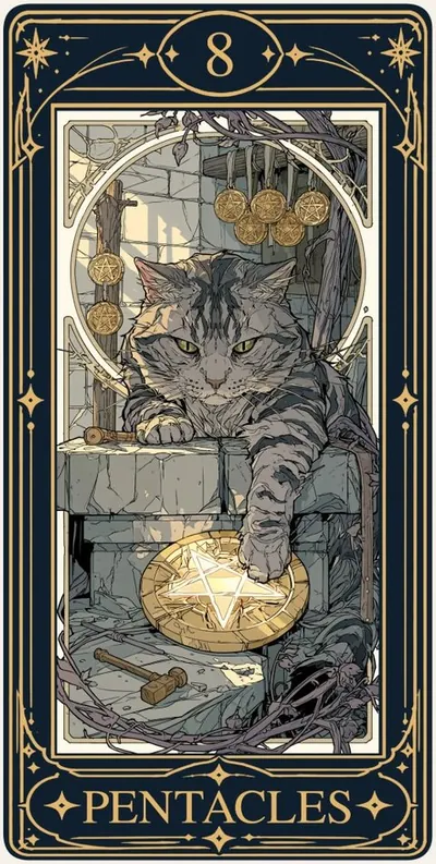 Eight of Pentacles (펜타클 8) 카드 그림